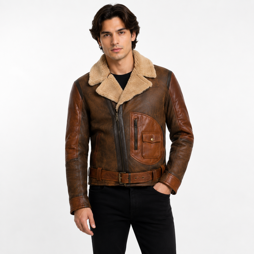 Men's distressed brown shearling aviator jacket