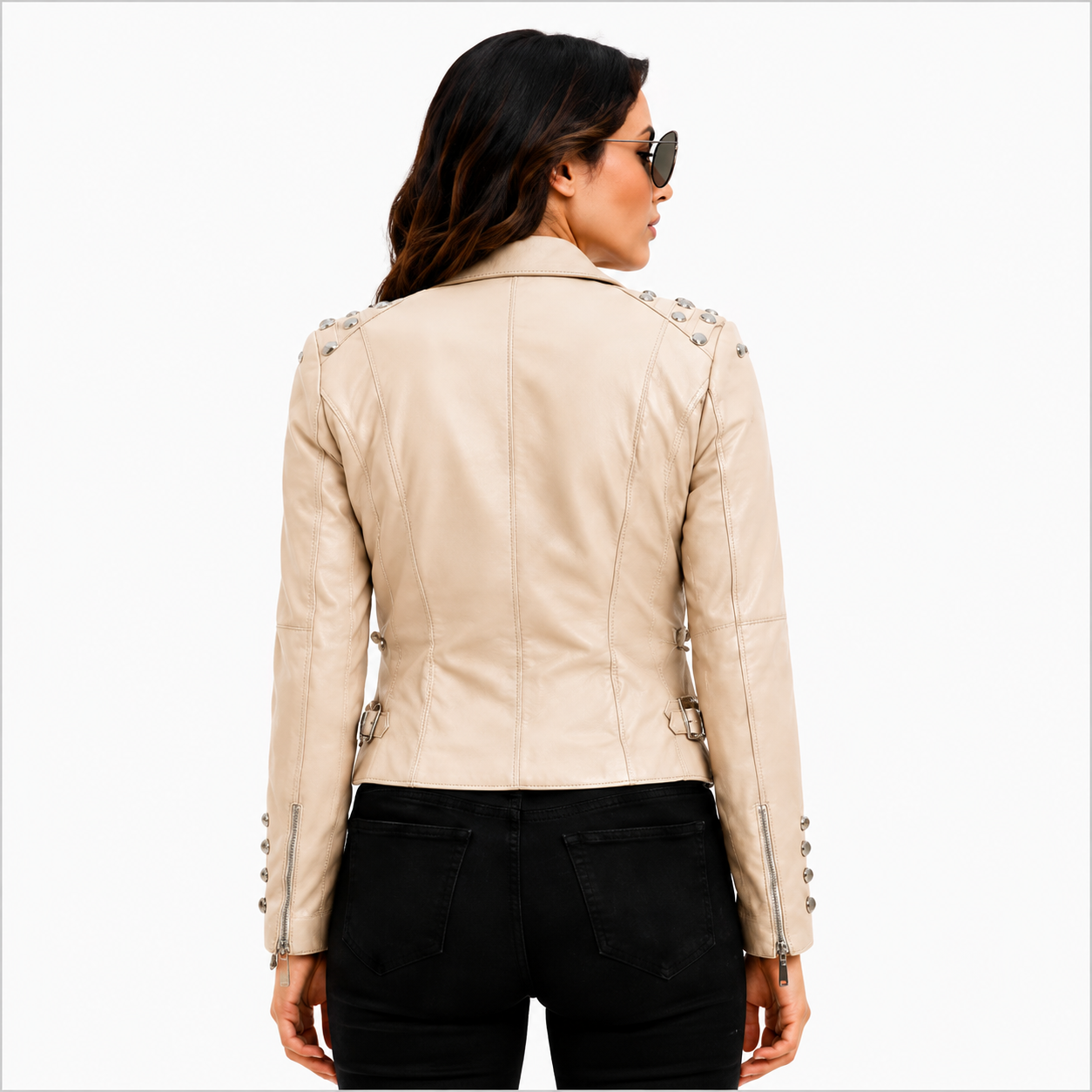 Women's Studded Beige Leather Biker Jacket