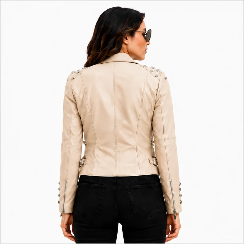 women's beige leather biker jacket