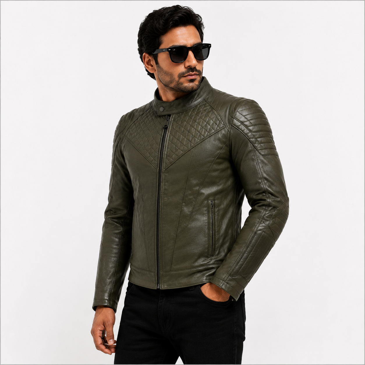 Men's Olive Green Quilted Racer Leather Jacket