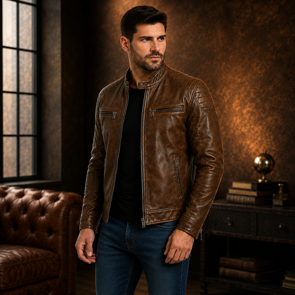 Men's Brown Leather Cafe Racer Jacket with Jeans