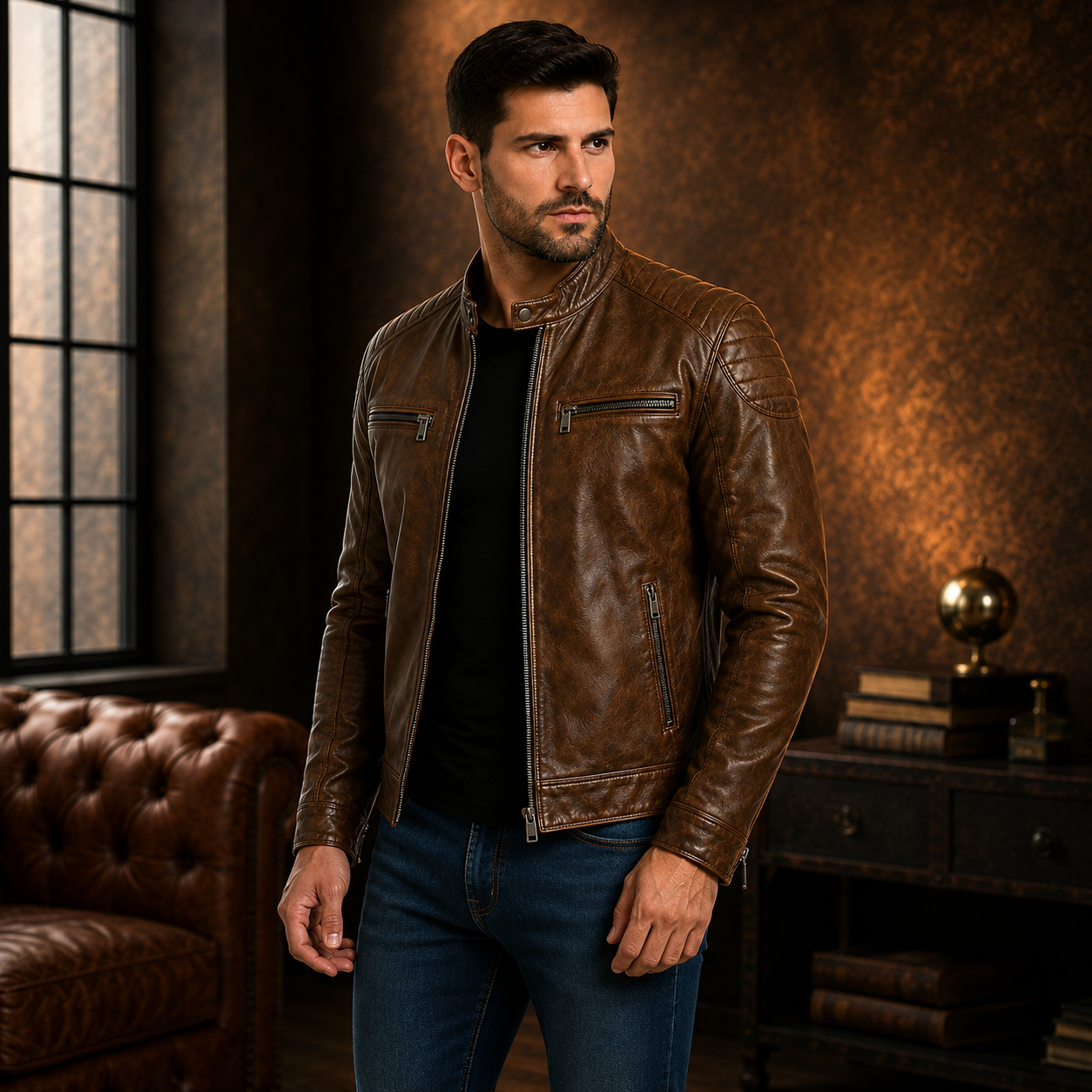 Men's Brown Leather Cafe Racer Jacket with Jeans