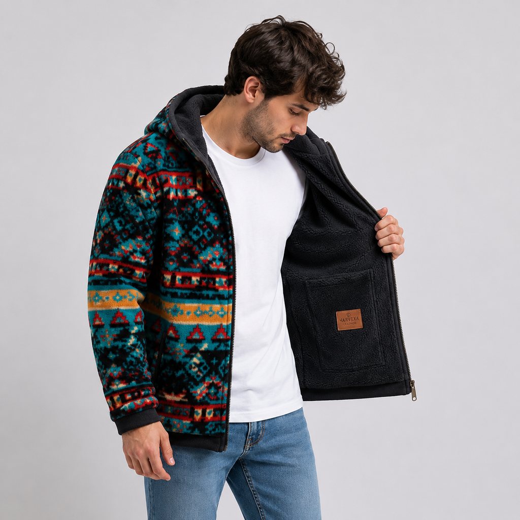 Teal Black Aztec Tribal Pattern Sherpa Fleece 