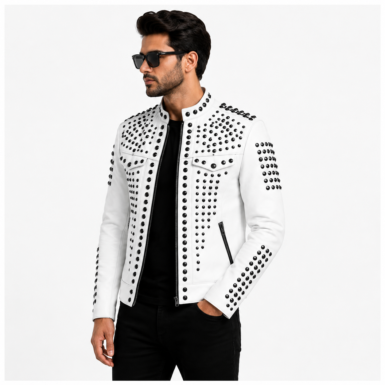 Men's White Studded Biker Leather Jacket