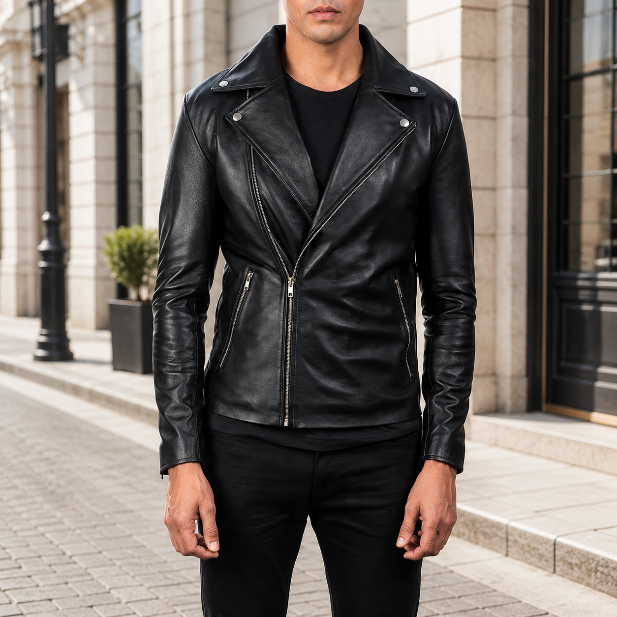 Black Asymmetric Biker Leather Jacket
