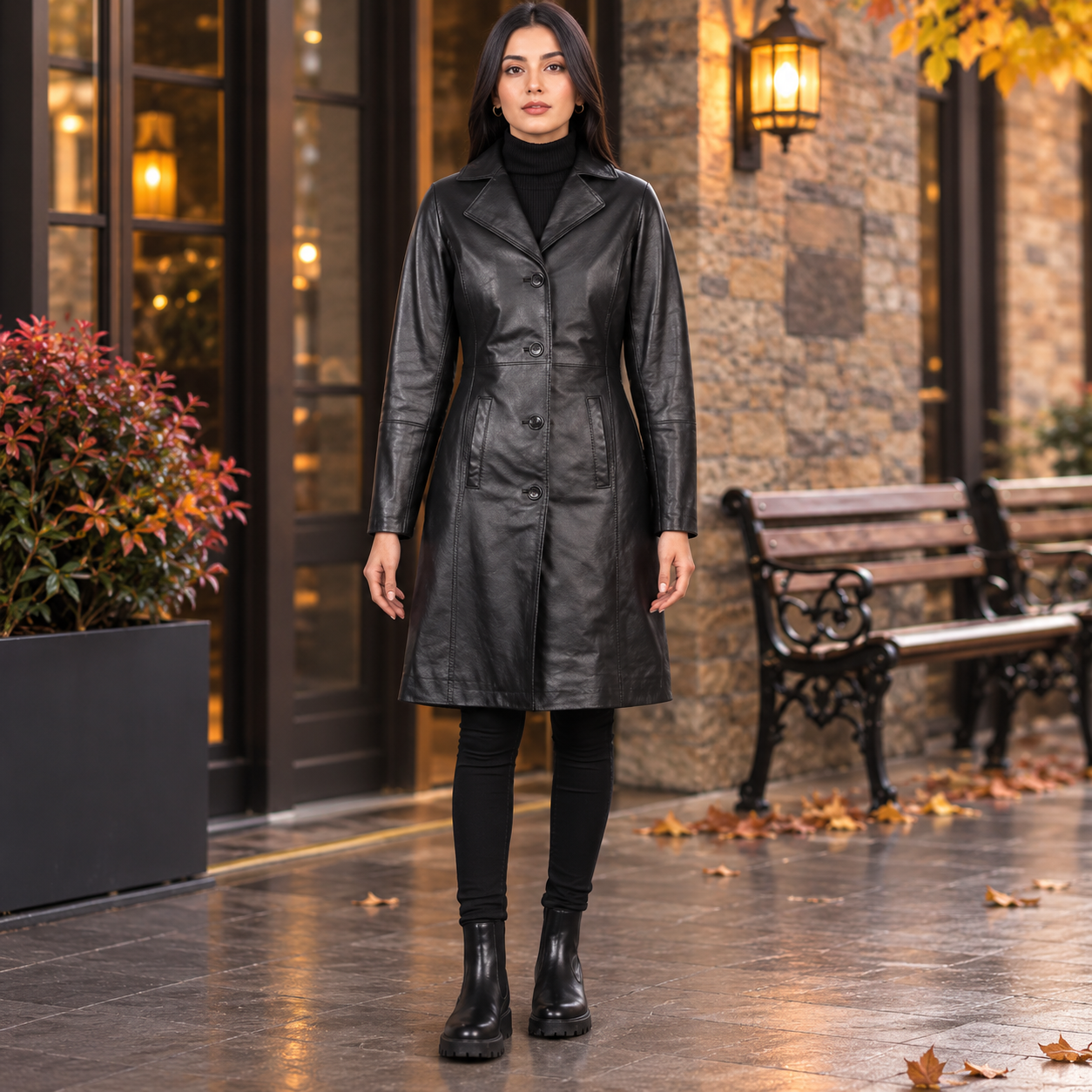 Women's Black Leather Trench Coat