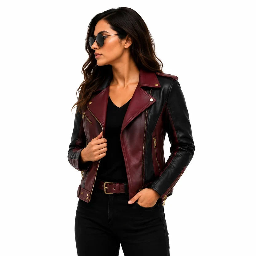 Women's Black & White Genuine Leather Moto Jacket