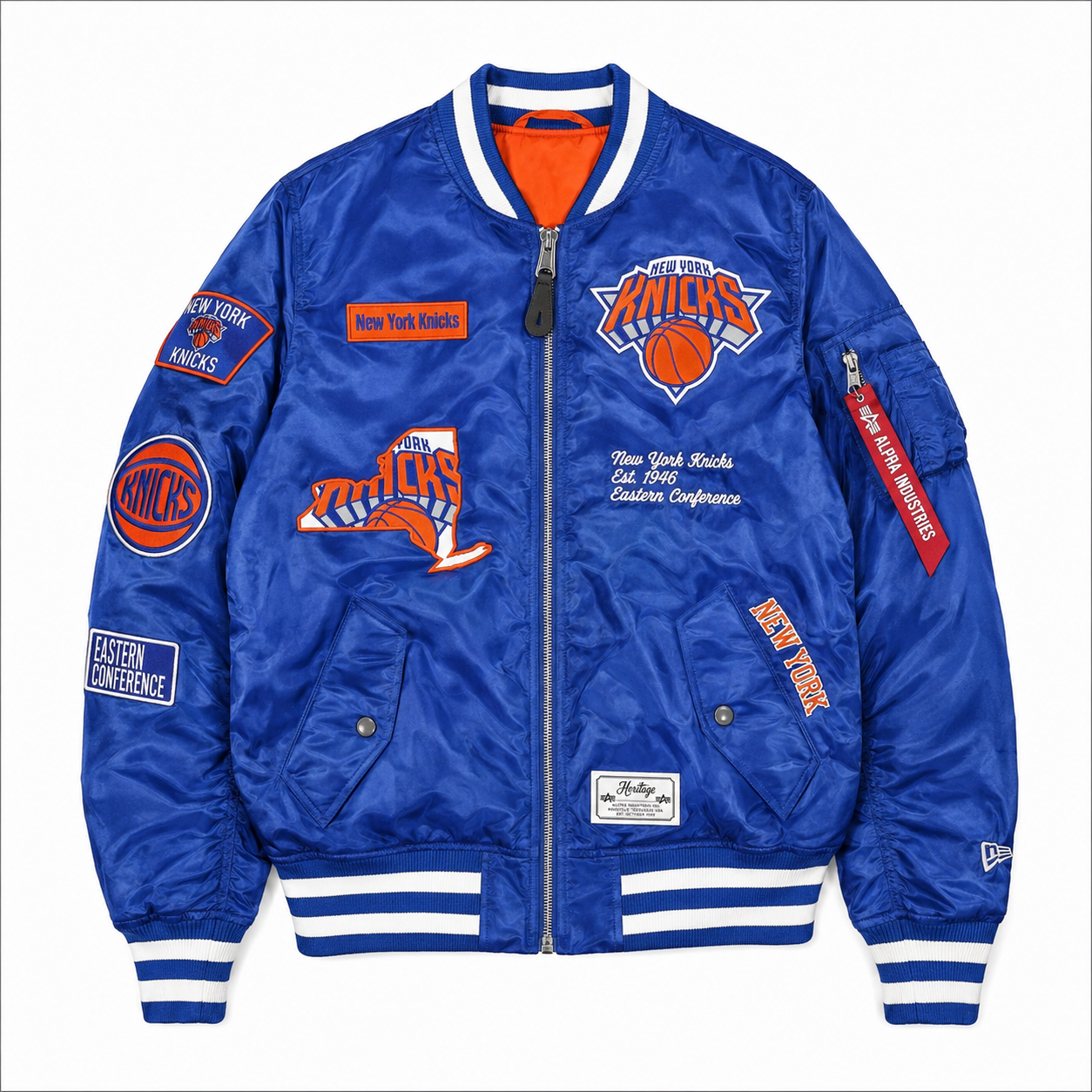 Blue New York Knicks NBA Satin Bomber Jacket with Patches and Logos