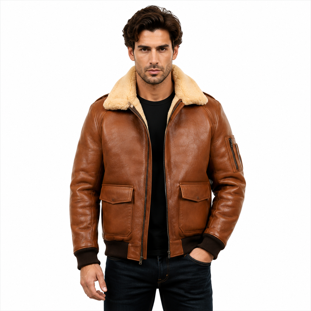 Men's tan brown leather aviator flight jacket