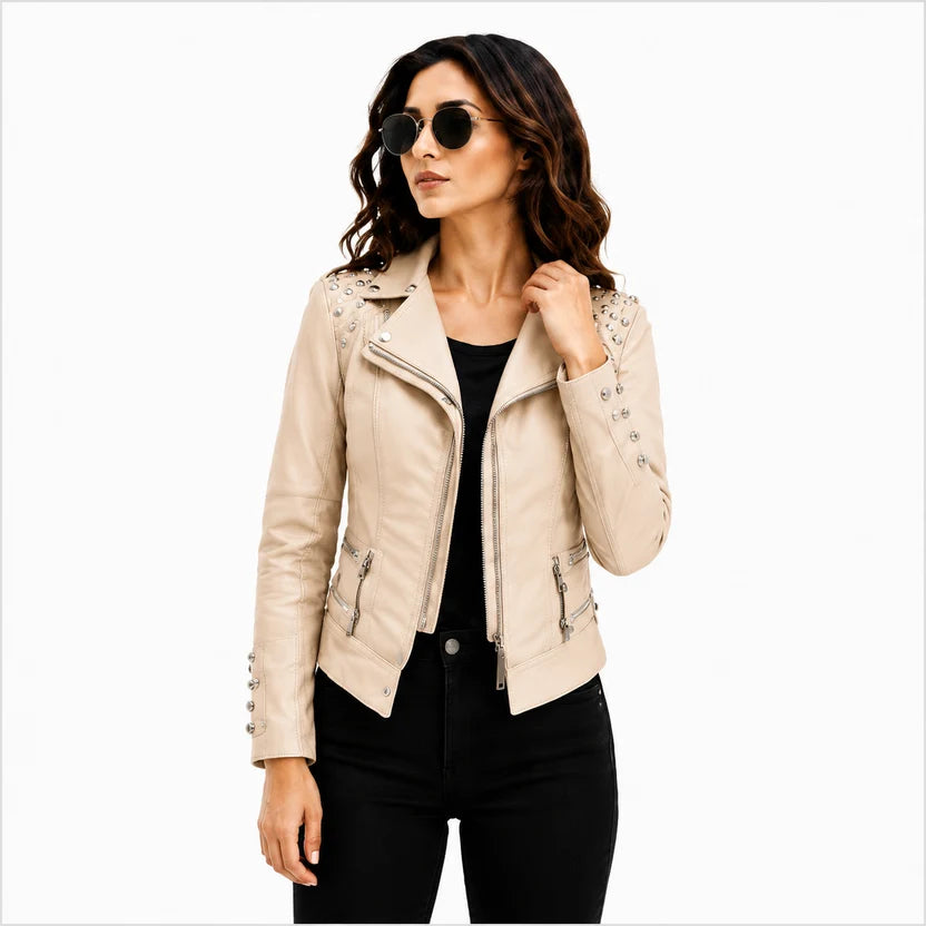 Women's Beige Studded Leather Moto Jacket