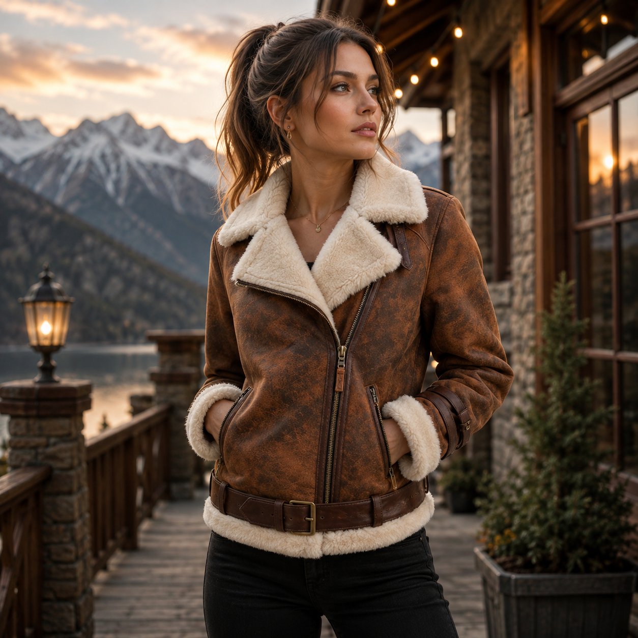 Women's Vintage Brown Sheepskin Aviator Jacket