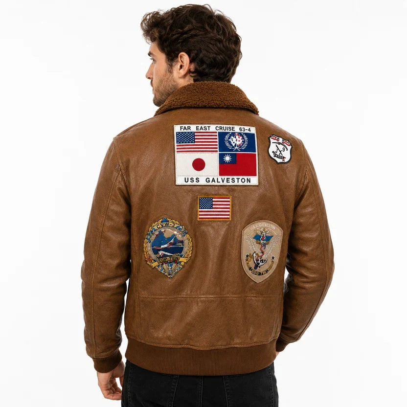 Men's Black Genuine Leather Top Gun Bomber Aviator Jacket