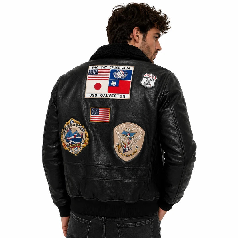Men's Black Leather Bomber Jacket