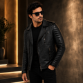 Men's Stealth Black Asymmetric Leather Biker Jacket