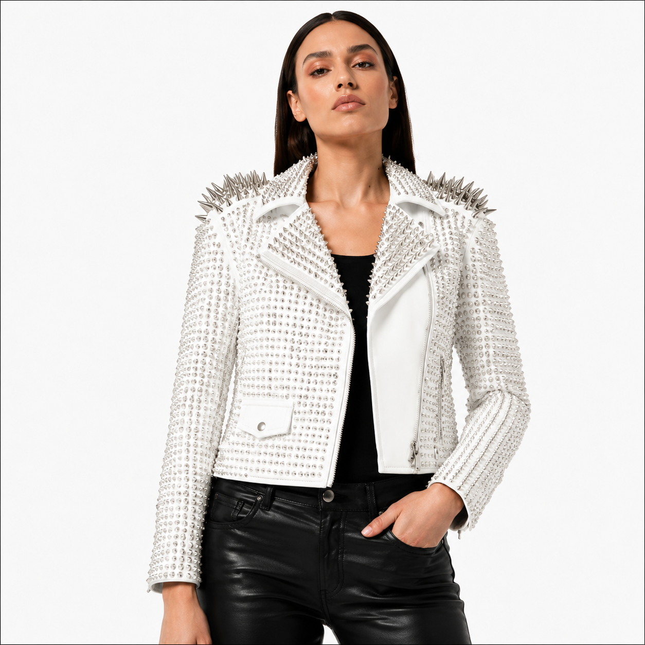 White Spiked Punk Rock Leather Jacket