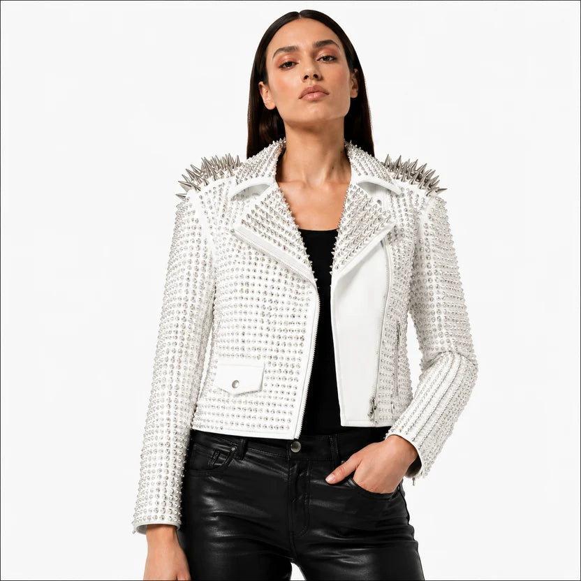 women's white studded leather moto jacket