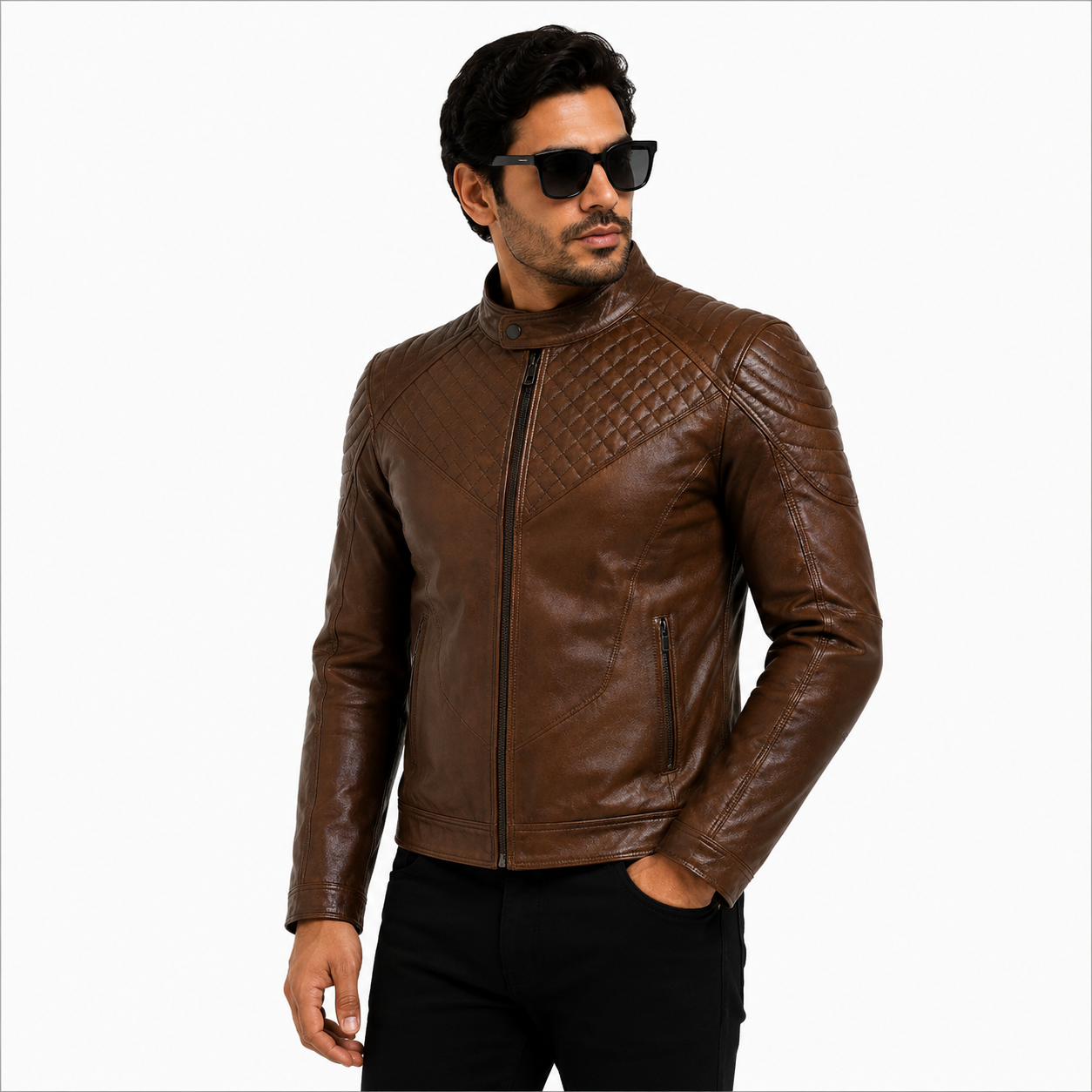 Men's Antique Brown Diamond Quilted Leather Biker Jacket