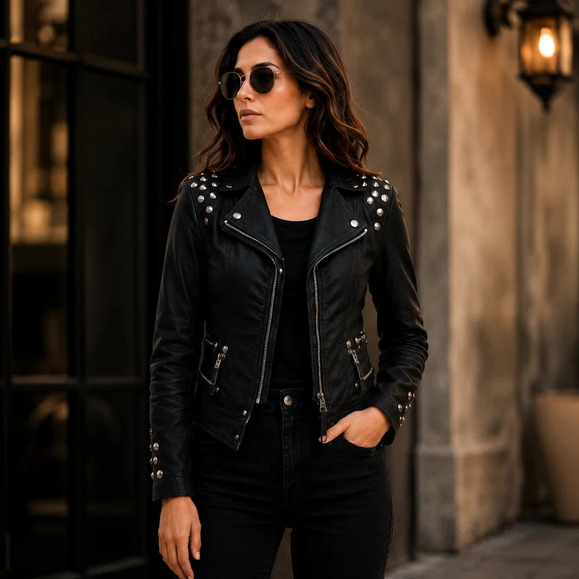 Women's Black Studded Leather Biker Jacket
