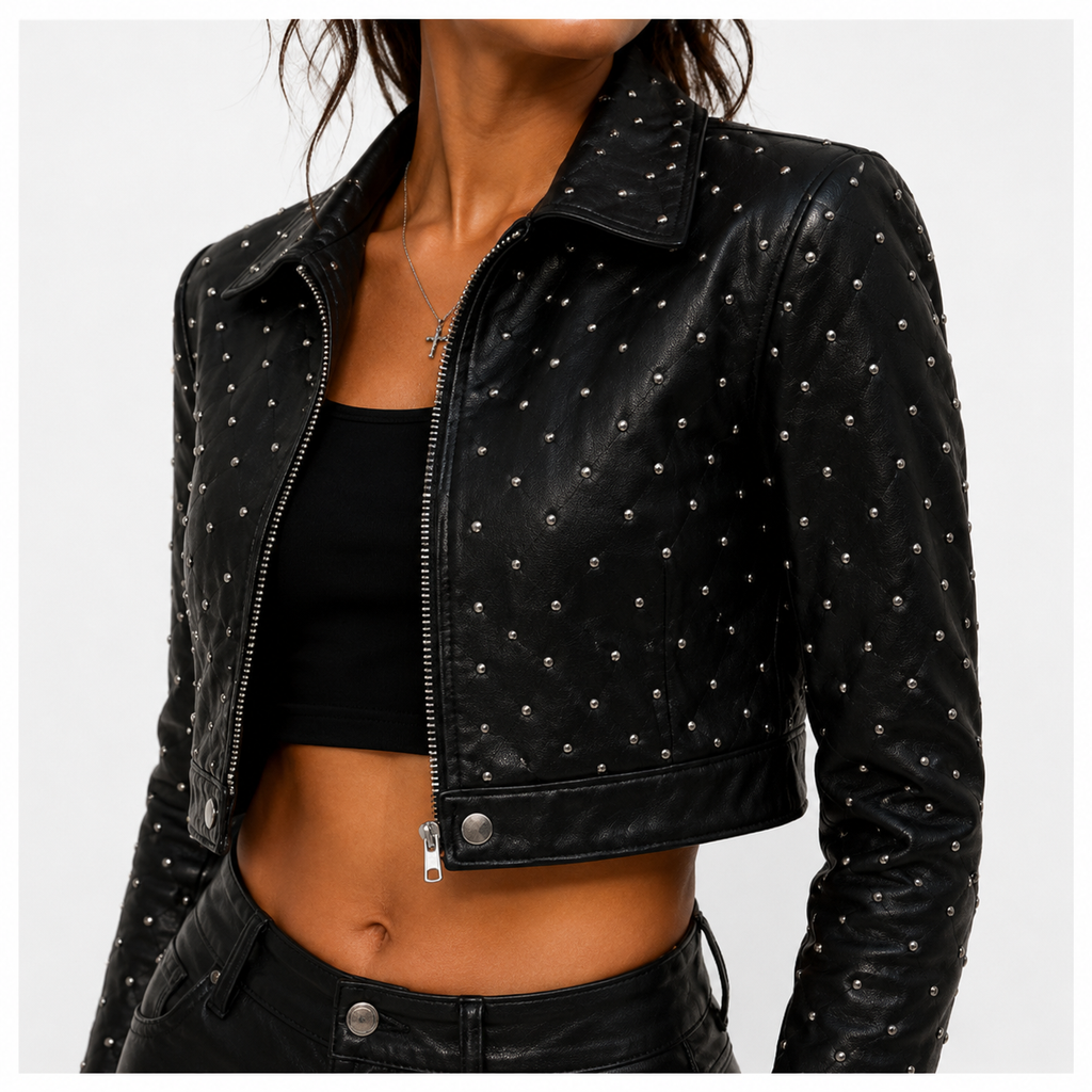 Women's Cropped Studded Leather Biker Jacket.