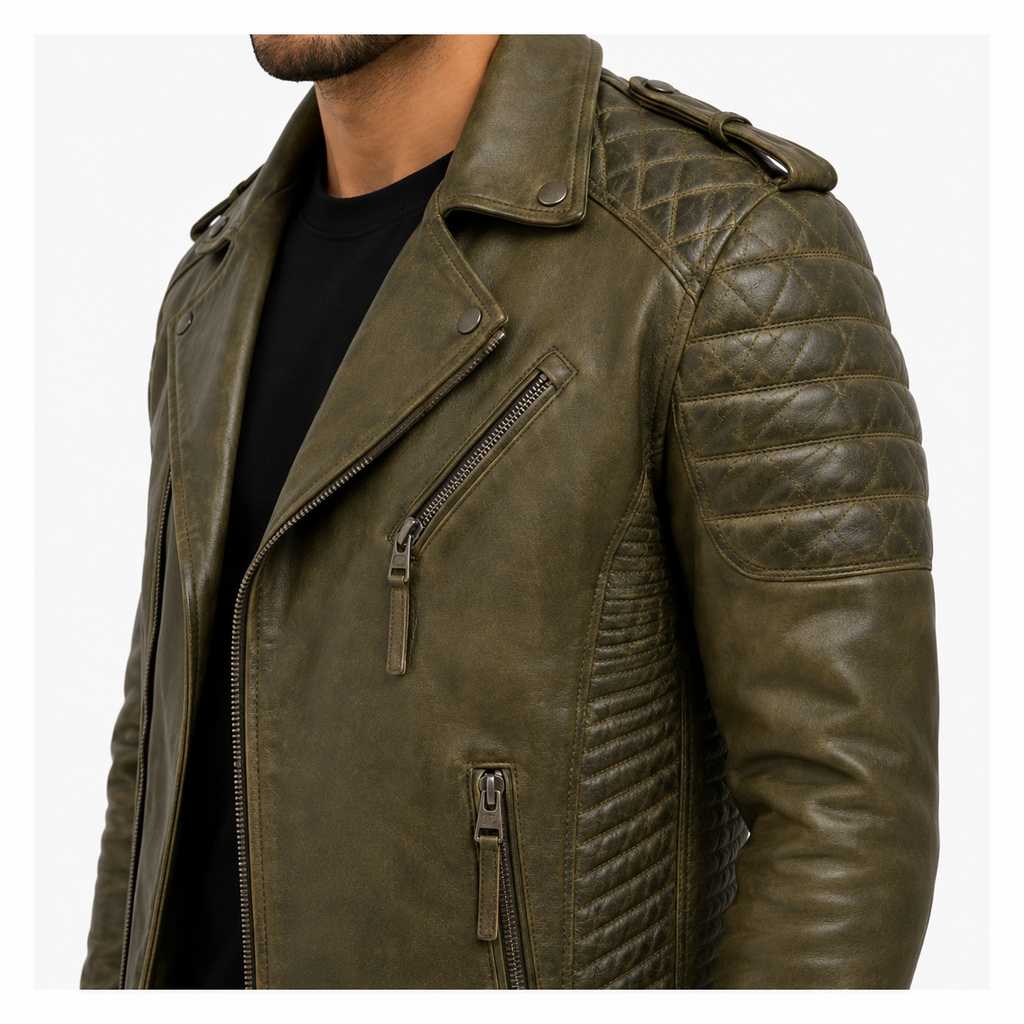 Men's Distressed Olive Green Leather Biker Jacket