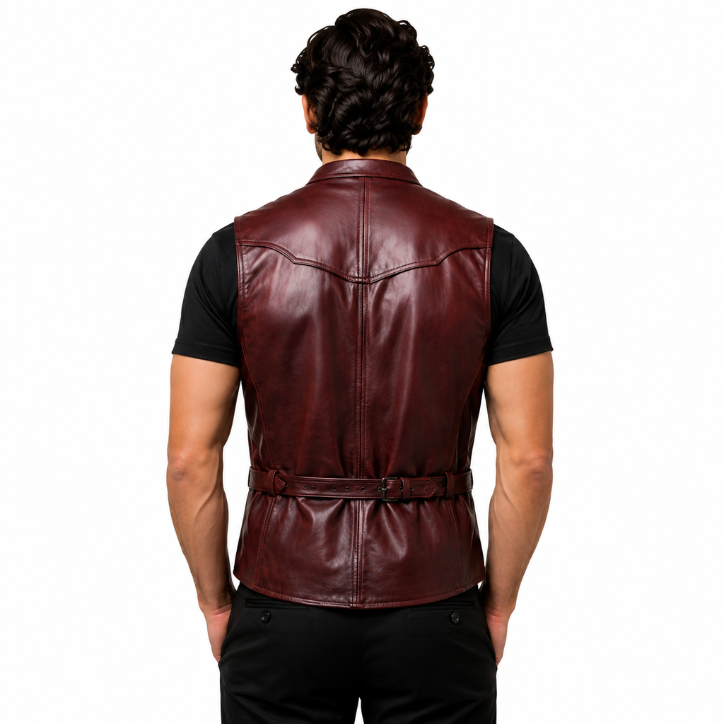 Burgundy Leather Dress Vest for Men Back View