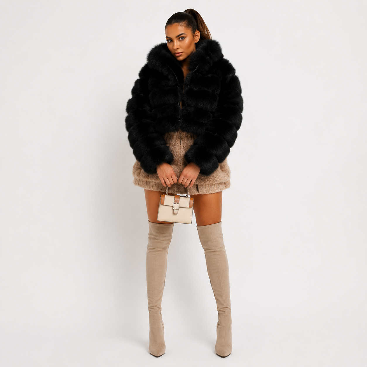 Women's Black Faux Fur Bubble Coat