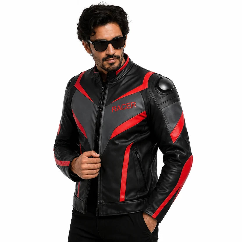 black and red leather racer jacket