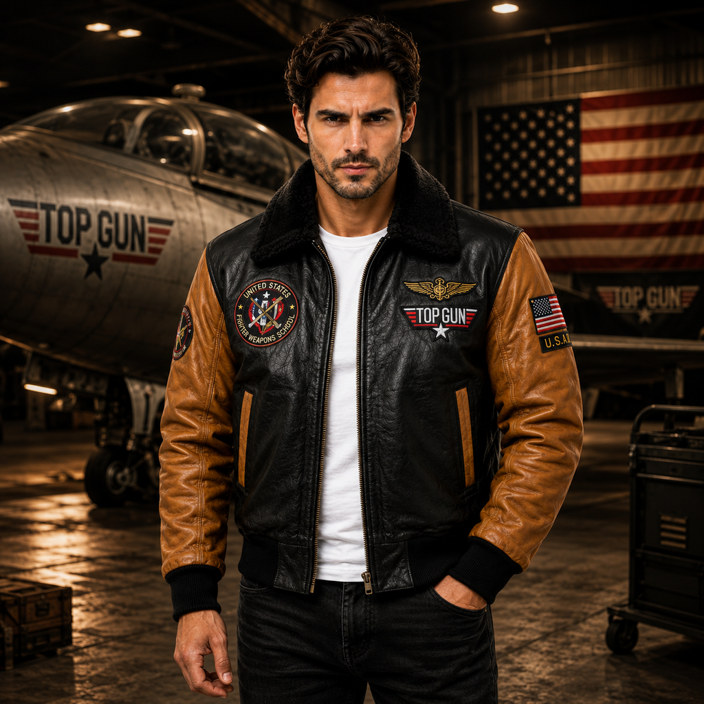 Men's Black & Tan Top Gun G-1 Flight Leather Bomber Jacket