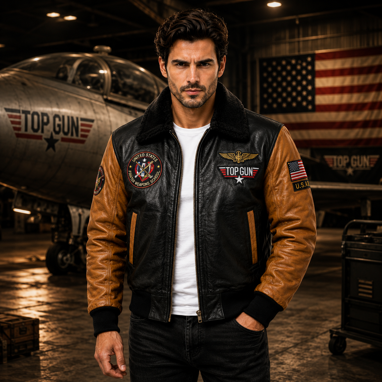 Men's Black & Tan Top Gun G-1 Flight Leather Bomber Jacket