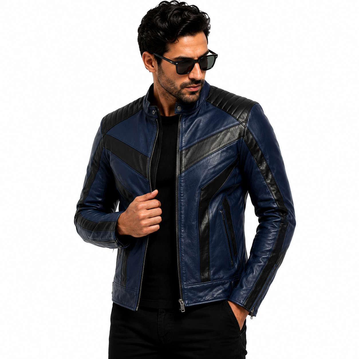 Men's Navy Blue & Black Racer Leather Jacket
