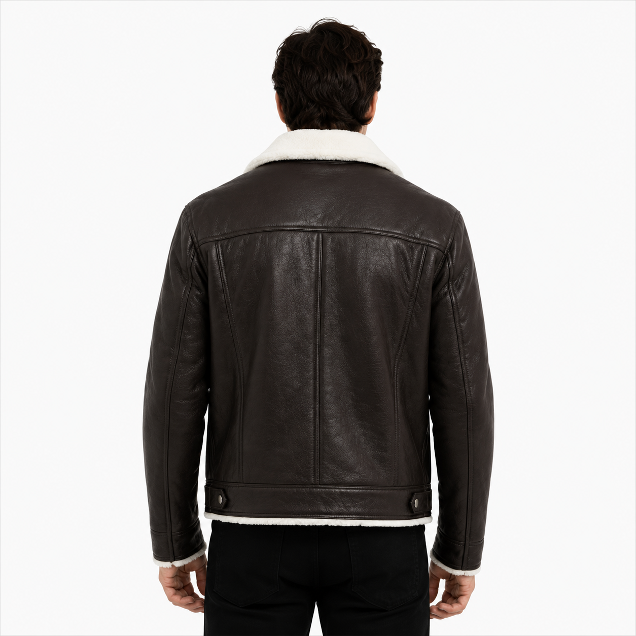 Men's black leather shearling trucker jacket