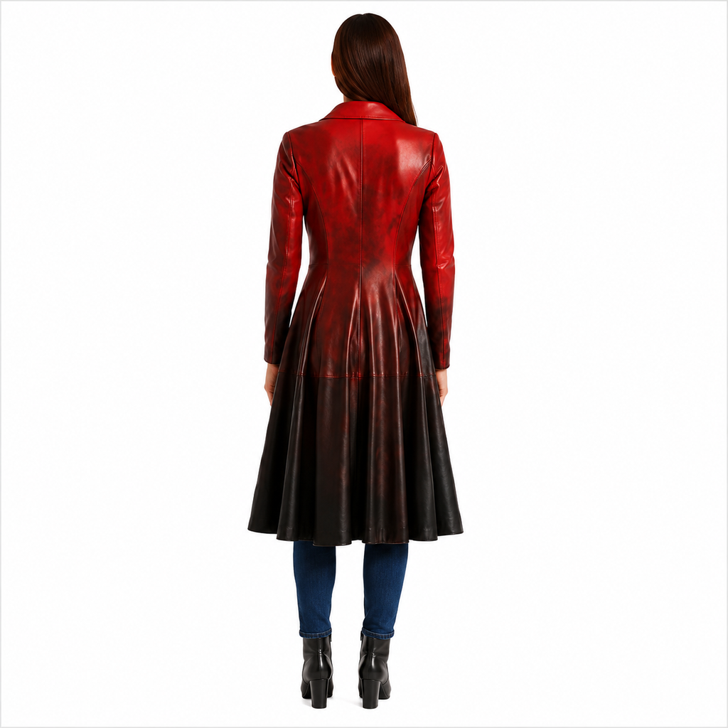 Women's Red Black Ombre Genuine Leather Belted Trench Coat
