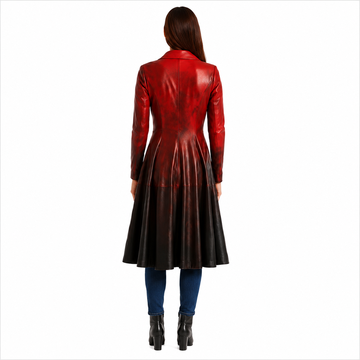 Women's Red Black Ombre Genuine Leather Belted Trench Coat