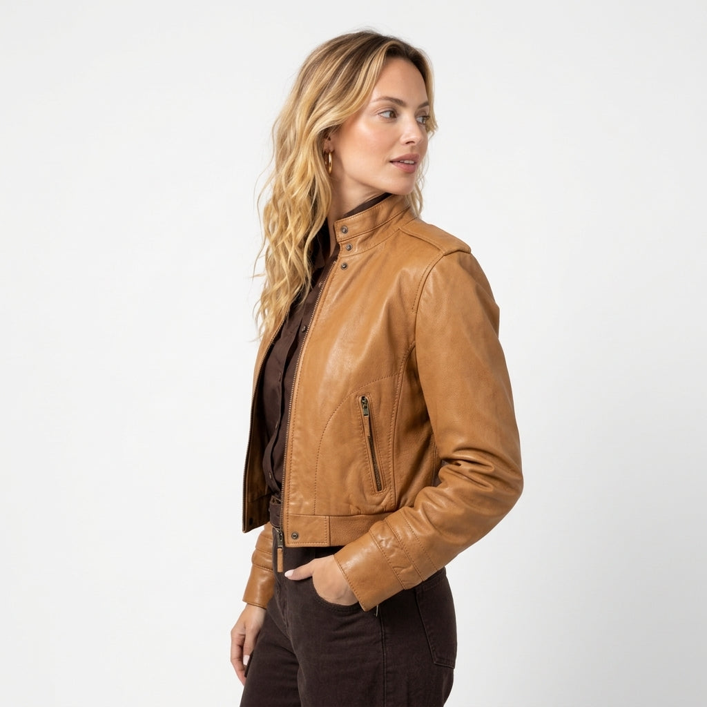 Classic tan women's leather jacket with a fitted design for timeless everyday fashion and modern street style
