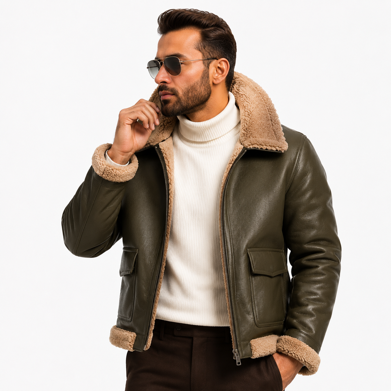 Men's Olive Brown Aviator Bomber Jacket