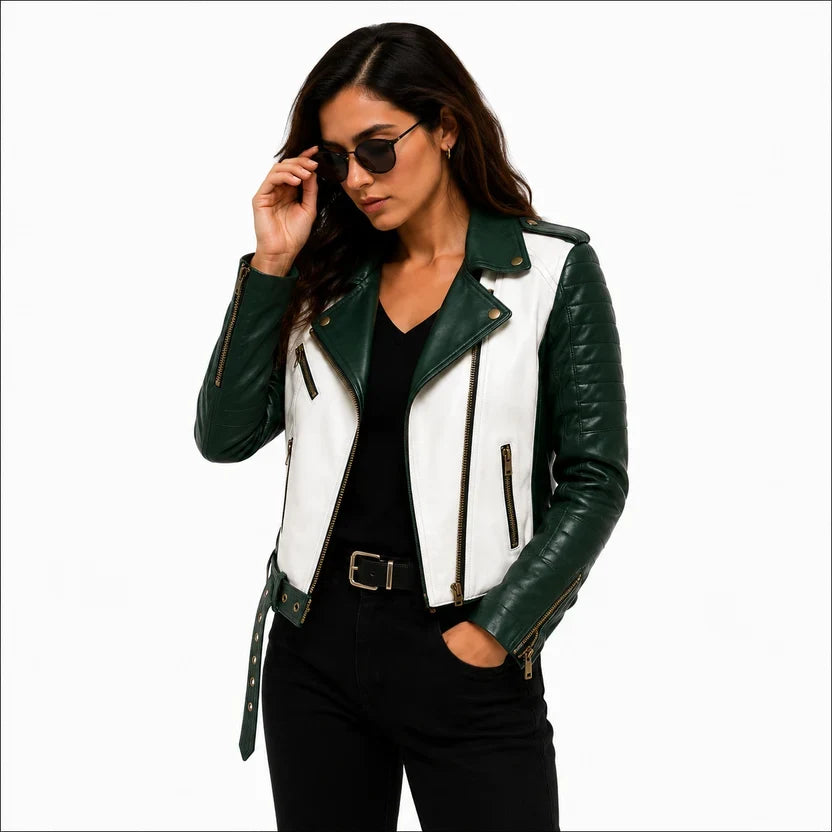 Women's Black & White Genuine Leather Moto Jacket