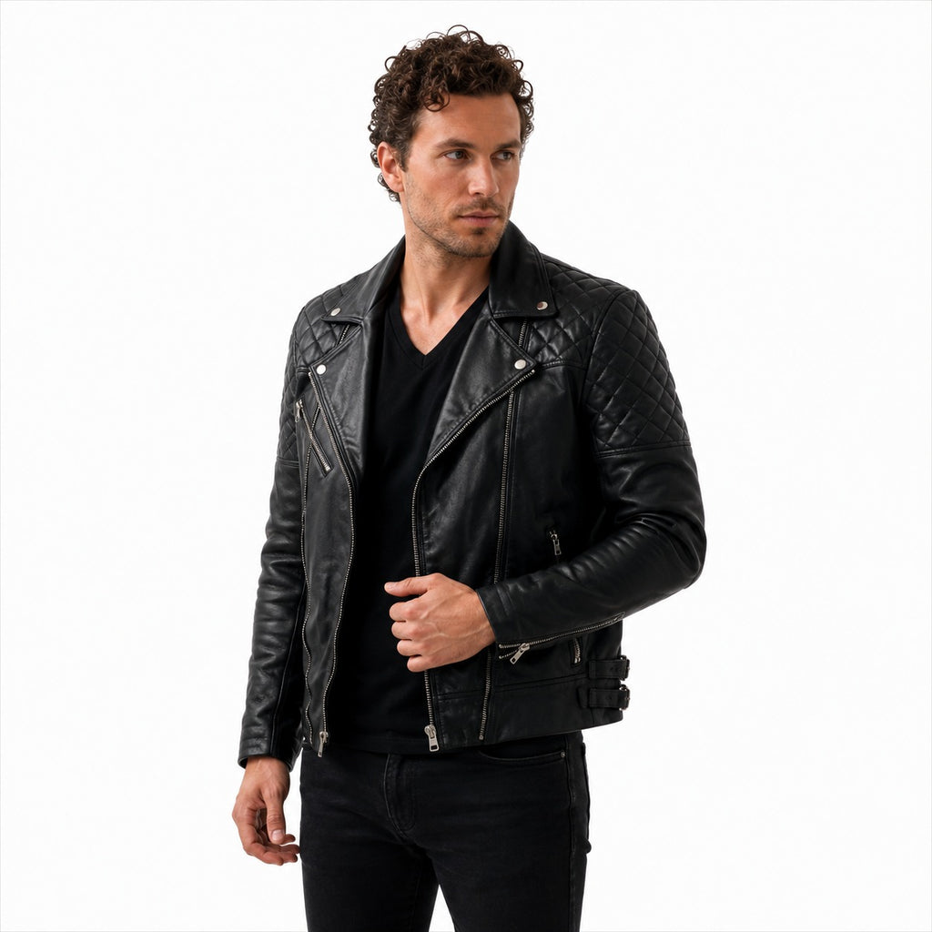 Men's Black Leather Biker Jacket.