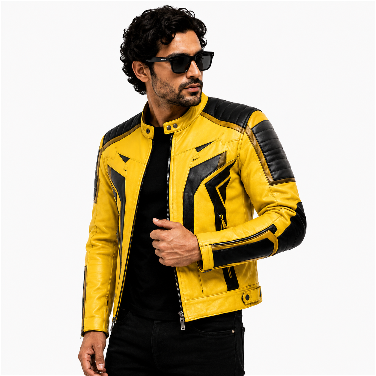 Men's Yellow & Black Racer Leather Jacket