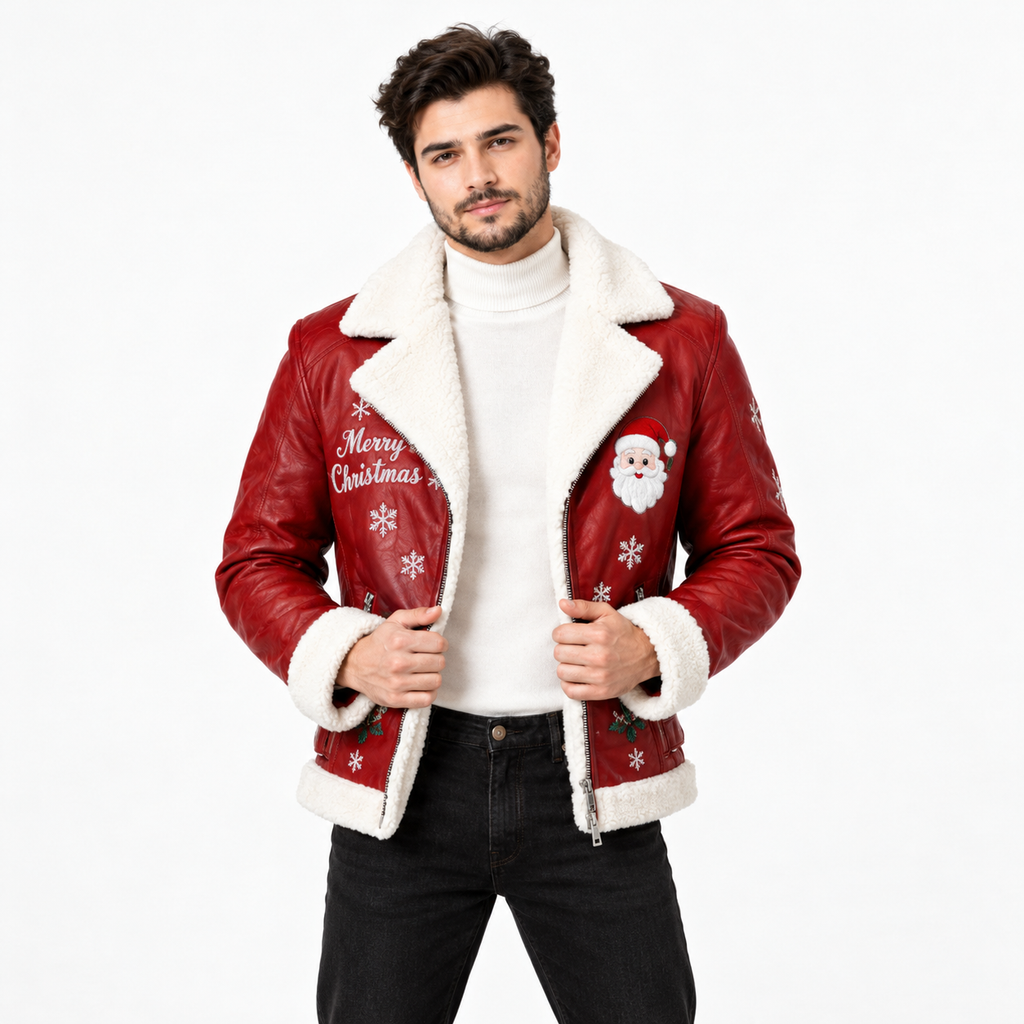 Christmas tree embroidery with star on red shearling leather jacket