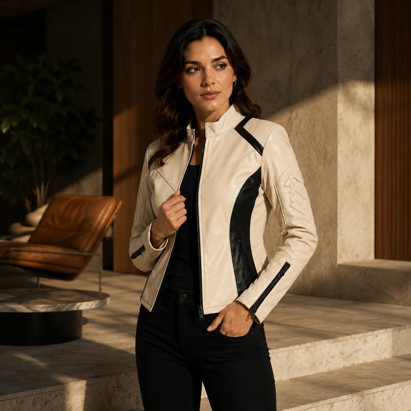 Women's Cream Black Panel Leather Biker Jacket