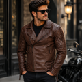 Men's Brown Genuine Leather Quilted Biker Jacket