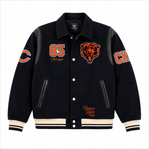 Navy Blue Chicago Bears NFL Varsity Jacket with Bear Logo and 85 Patch