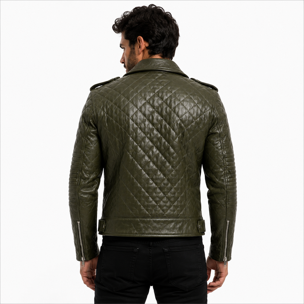 Men's Quilted Olive Green Leather Biker Jacket