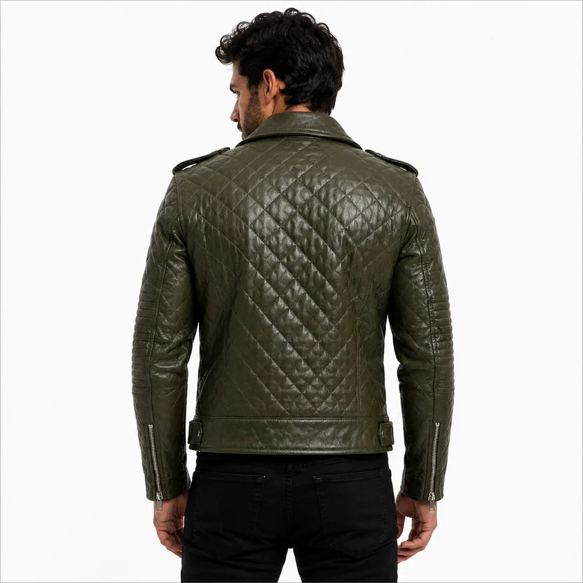 Men's White Leather Quilted Biker Jacket