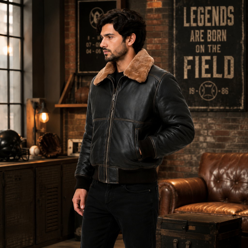 Men's black leather shearling aviator bomber jacket