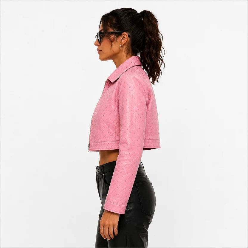 women's pink glitter leather jacket