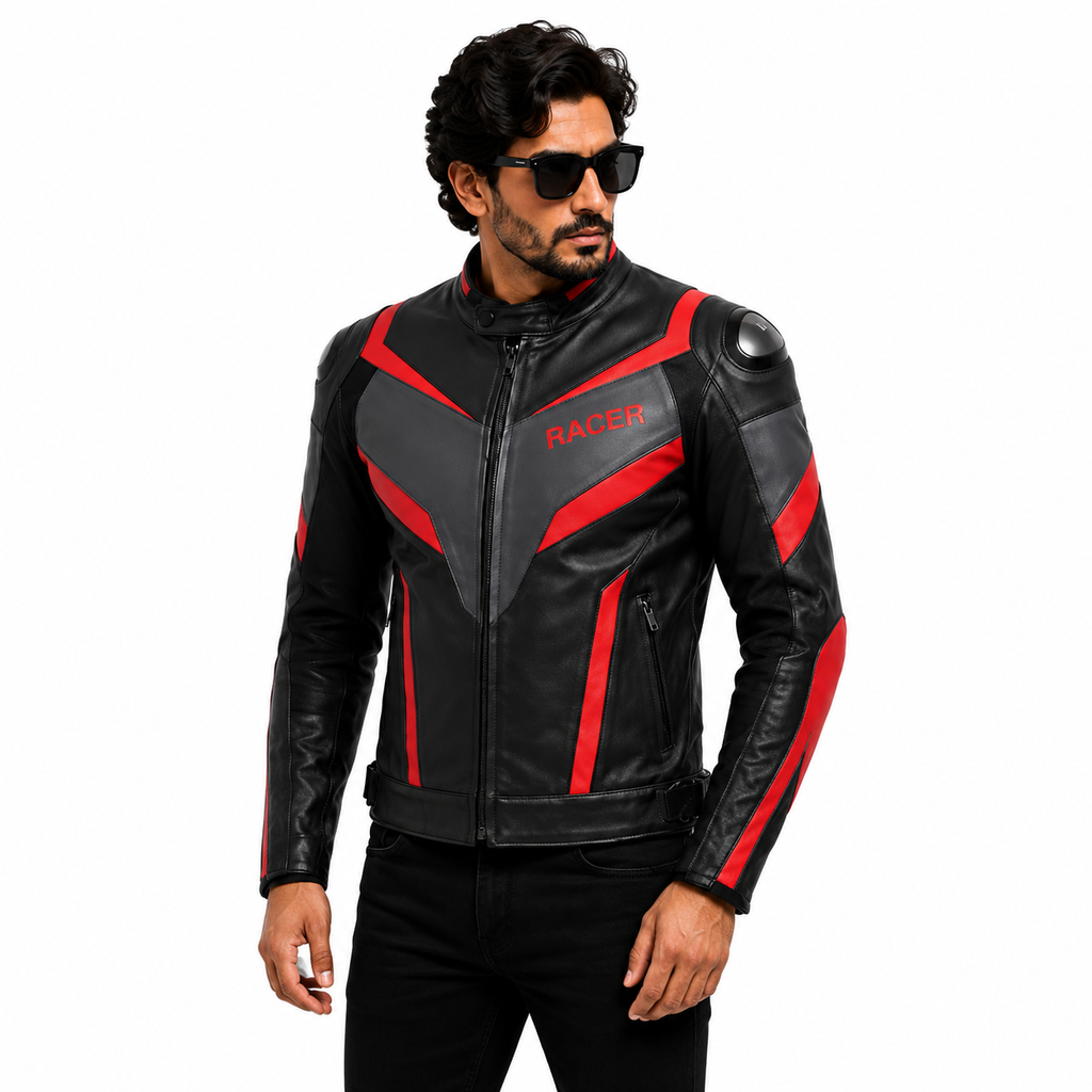 Men's Black & Red Racer Leather Jacket
