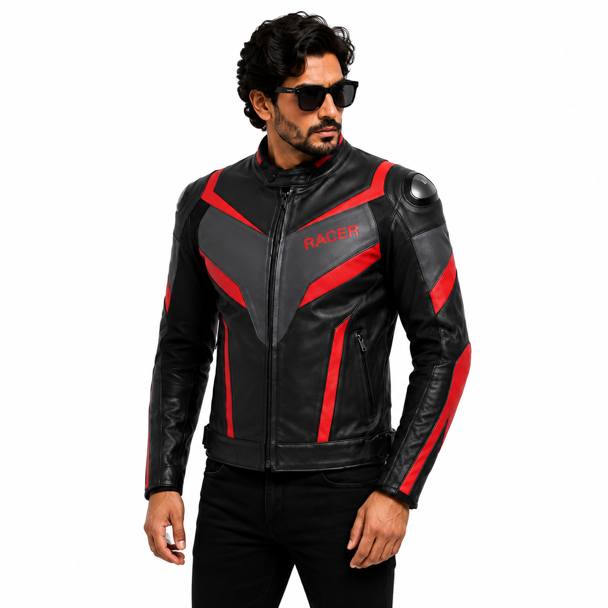 Men's Black & Red Racer Leather Jacket