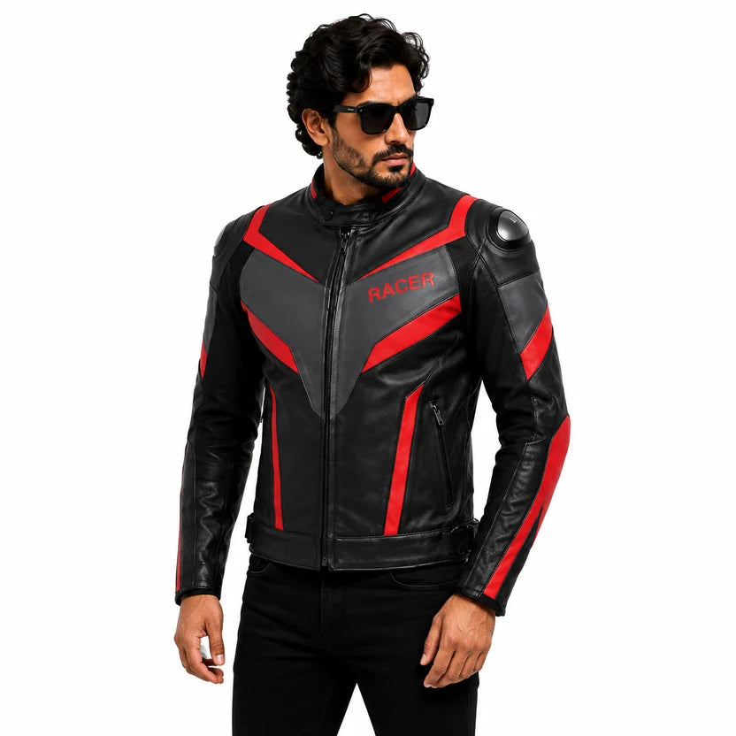 black leather motorcycle racer jacket