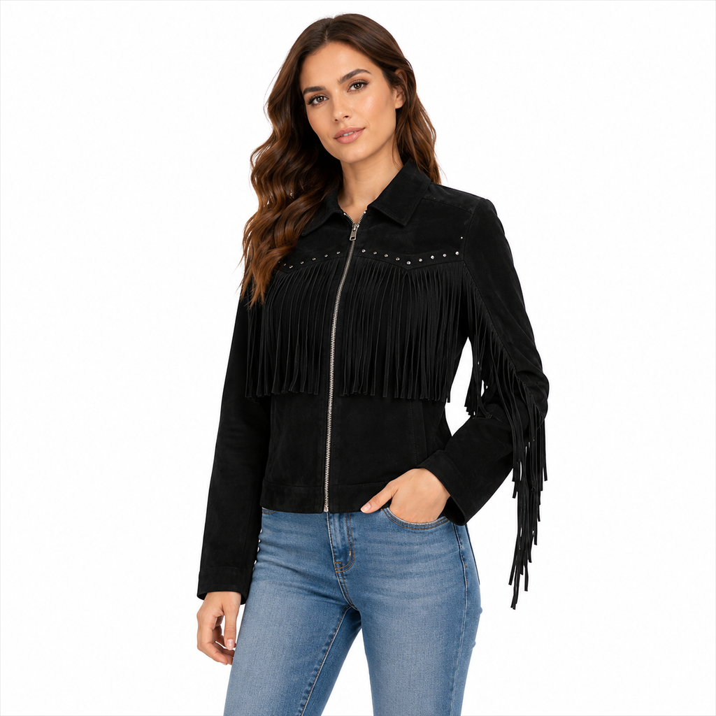 Women's Black Fringe Suede Leather Jacket with Studded Western Style